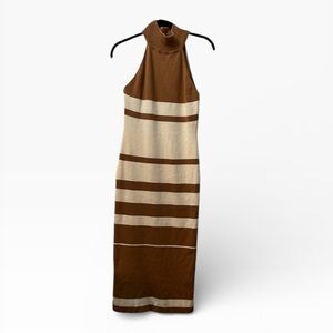 Brown & Cream Striped Mock Neck Midi Dress | Size L
